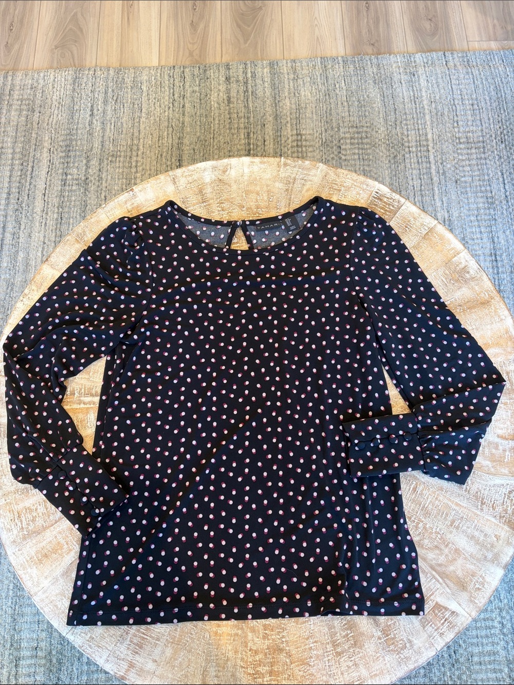 Tahari Navy Long-Sleeve Top with Pink Polka Dots